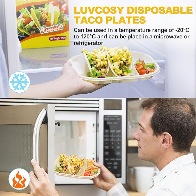 Small Disposable Taco Plates With Dipping Sides - 20 Pack, Biodegradable Cornstarch Taco Holder, Mini Size Fit 4-6 Inch Street Tortilla Shells, Sturdy & Microwave Safe, Bar Serving Set For A Party