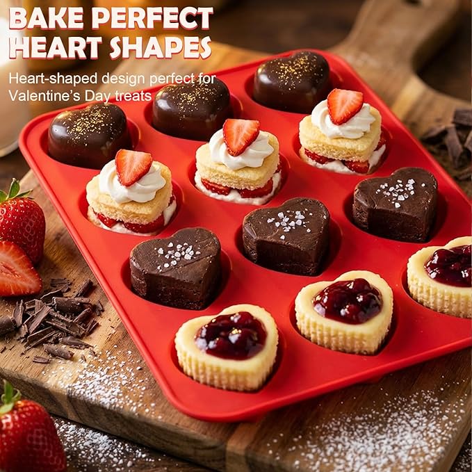 HKNMTT Silicone Heart Molds Valentine's Day for Chocolate Muffin Chocoflan Cake Egg Bites Jello Soap Cupcake Baking, 12 Cavities 2 Pack Love Shapes Red Dessert Pan Handmade DIY Gift Oven Safe Mould
