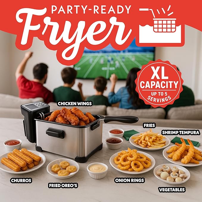 Gourmia 3.2 Qt Countertop Deep Fryer – Electric Oil Fryer with Digital Display, Adjustable 280°F–380°F Temperature Control, Viewing Window, Odor Filter Lid & Magnetic Safety Cord
