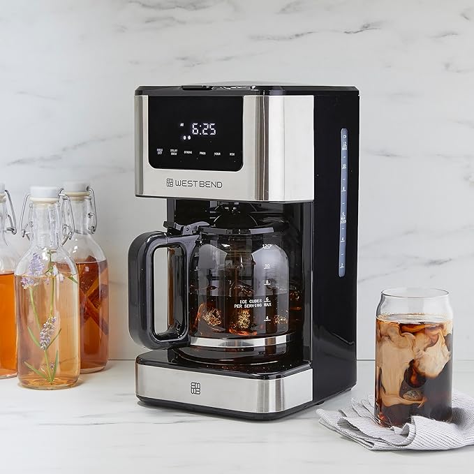 West Bend Drip Coffee Maker Brews Hot or Iced, Programmable with Brew Strength Selector Auto Shut-Off and 6 Functions Permanent Mesh Filter and Glass Carafe, 12-Cup, Metallic