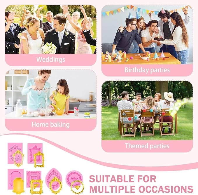6 PCS Photo Frame Silicone Molds Frame Chocolate Silicone Molds Vintage Style Picture Frame Moulds for Cake Decorating Cupcake Topper Chocolate Candy Polymer Clay