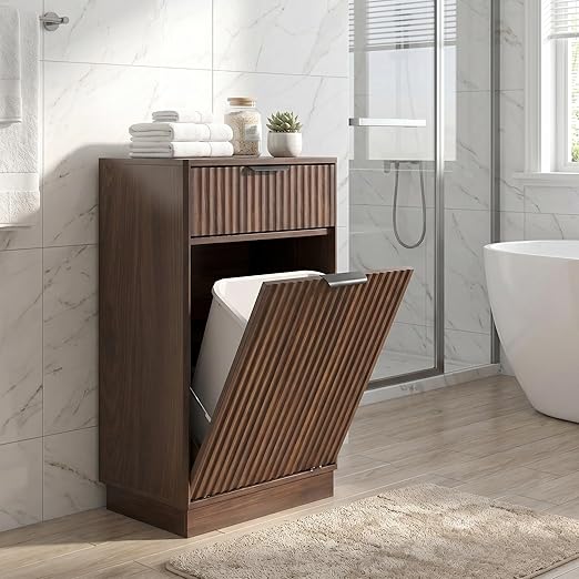 10 Gallon Tilt Out Trash Can Cabinet –Wooden Hidden Trash Can Cabinet,Pet Proof Garbage Recycling Cabinet with Storage for Kitchen Bathroom Living Room Walnut