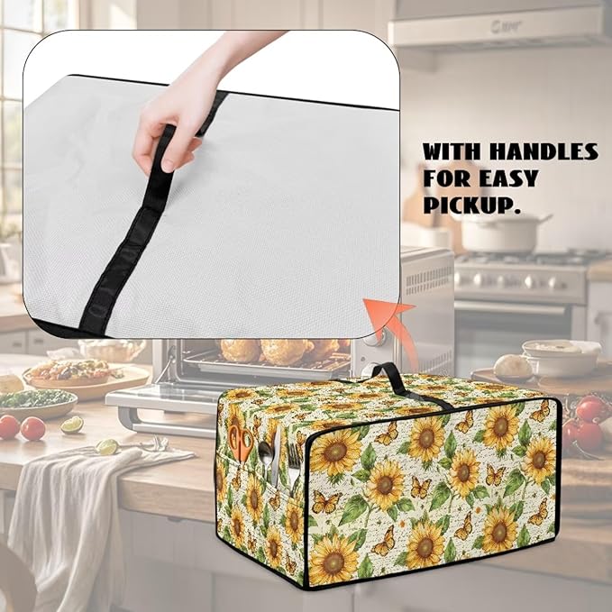 Countertop Convection Oven Cover Dust-Proof Toaster Oven Cover with Accessories Pockets, Countertop Convection Oven Protector, M, Sunflower Butterfly Retro Letter Print