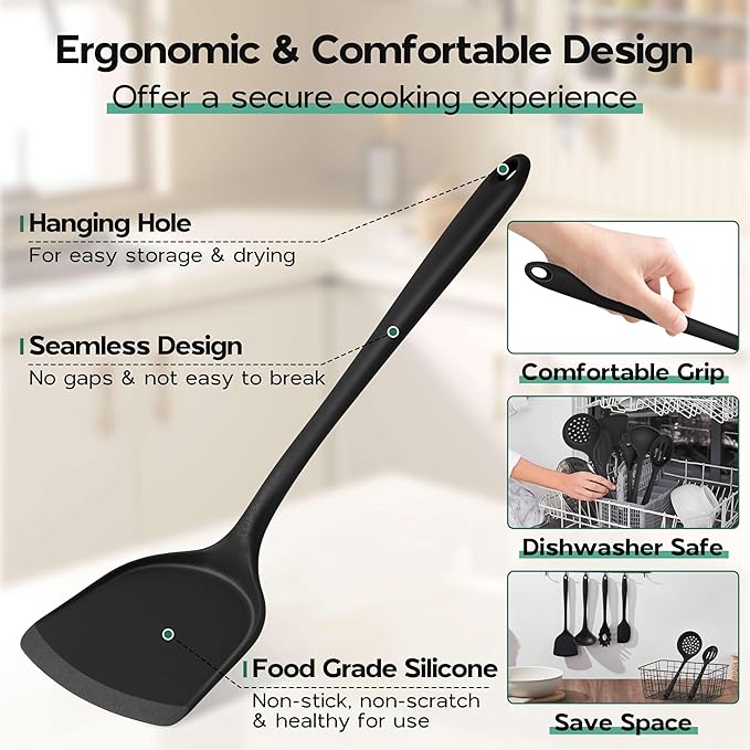 Onader Cooking Utensils Set of 6, Black Silicone Kitchen Cooking Utensils Set for Nonstick Cookware, Non Toxic & Dishwasher Safe