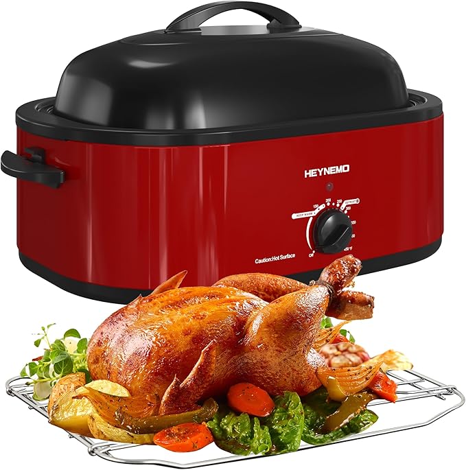 20Qt Roaster Oven Buffet with Self-Basting Lid, 1450W Stainless Steel Electric Turkey Roaster Oven with Cool-Touch Handles, Removable Pan and Rack, Red