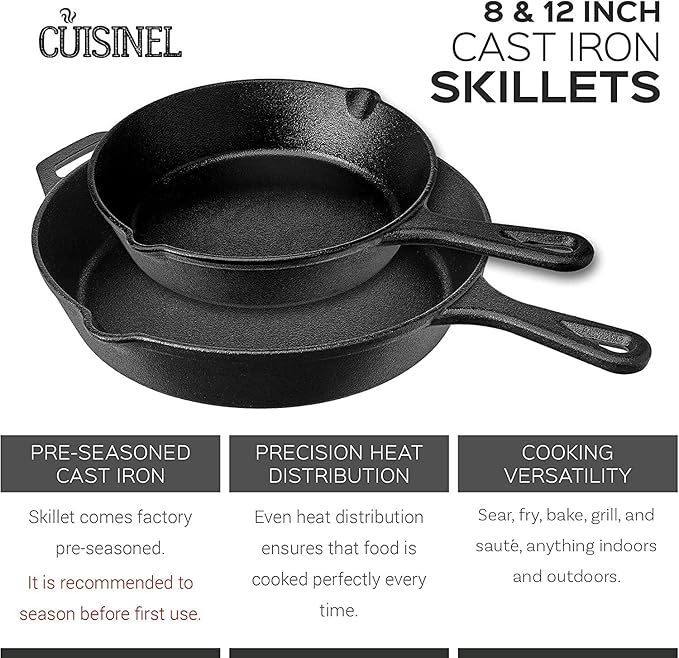 Cast Iron Skillet Set - 8" + 12"-Inch Frying Pan - Pre-Seasoned Oven Safe Cookware + 2 Heat-Resistant Handle Holder Grips - Indoor/Outdoor Use - Grill, Stovetop, Induction Safe. PFAS and PFOA-free