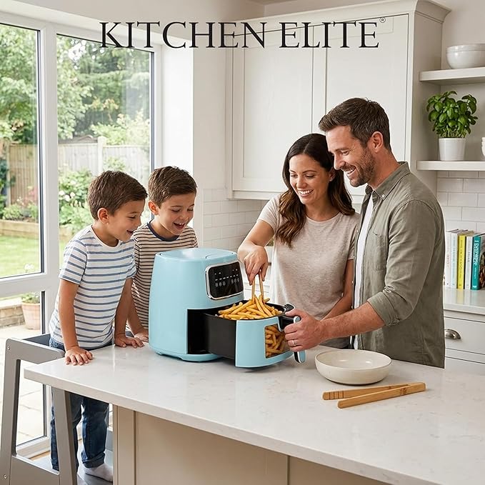 Kitchen Elite 5.5 Qt Compact Digital Air Fryer, 7-in-1 Small Airfryer with LED Screen, Nonstick Dishwasher Safe Basket, Space-Efficient Design, Blue
