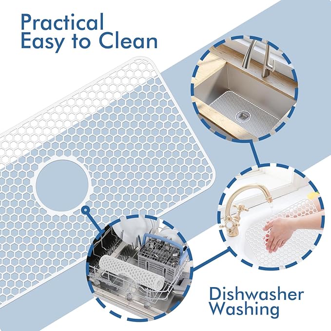 Bestjing Silicone Sink Protectors for Kitchen Sink with Center Drain - 24.8"x 13" Kitchen Protector Accessory, Non-Slip Heat Resistan Mat for Bottom of Farmhouse Stainless Steel Porcelain (White)