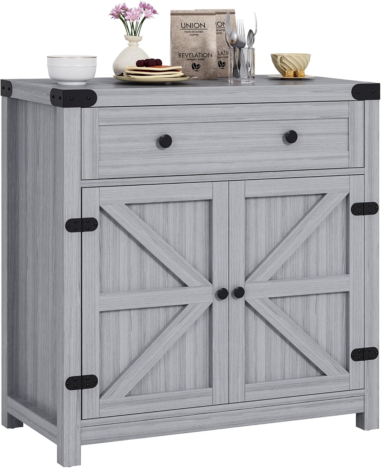 YESHOMY Farmhouse Coffee Bar Cabinet Sideboards, with Barn Doors, Spacious Drawer, Adjustable Interior Shelf, Generous Top Surface, for Kitchen, Bathroom, Entryway, Living Room, Pure Gray