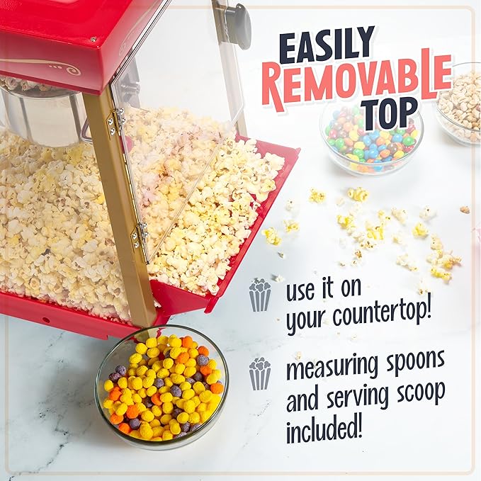 Nostalgia Popcorn Maker Machine - Vintage Theater Style Popcorn Cart With 2.5oz Stainless Steel Kettle, Makes Up To 10 Cups Easily - Bring Home the Fun with Theater Style Popcorn Machine- Red