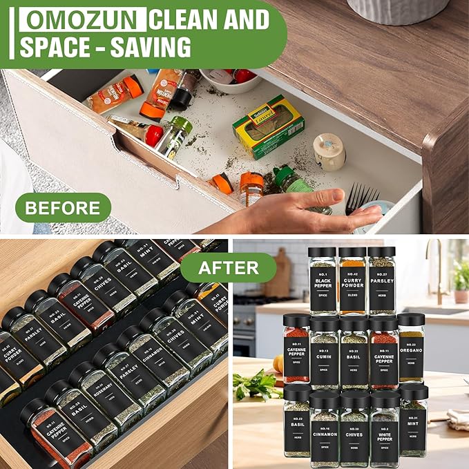 Spice Jars with Label, 24pcs 4oz Glass Spice Jars with Black Lids, Square Spice Containers with 304 Labels and Shaker Inserts, Empty Seasoning Bottles for Drawer, Cabinet, Seasoning Organizer