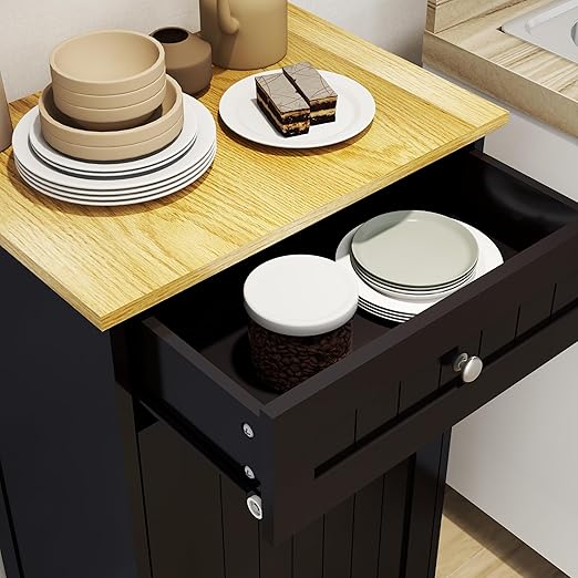 Wooden Simple Style Kitchen Cabinet, Wooden Frame with Drawers and Tilt-Out Trash Cabinet for 10 Gallon Trash Cans - 19.69'' W x 13.78'' D x 35.43'' H (Black-021)