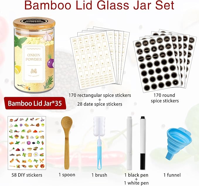 BGraceyy Spice Jars with Labels, 35 Pcs 4 oz Glass Spice Jars with Bamboo Lids, Minimalist Stackable Airtight Spice Containers with 426 labels for Home Kitchen, Pantry, Spice Cabinet, Drawer, Rack