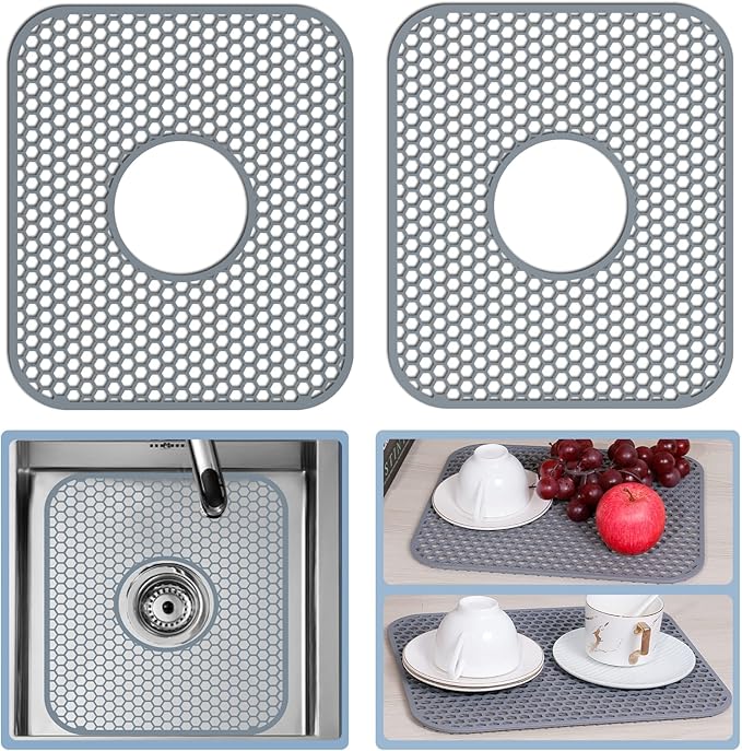 Bestjing 2 Pack Silicone Sink Protectors for Kitchen Sink with Center Drain, 13.58''x 11.6'' Non-Slip Heat Resistant Mat Grid for Bottom of Stainless Steel Porcelain (Center Hole)