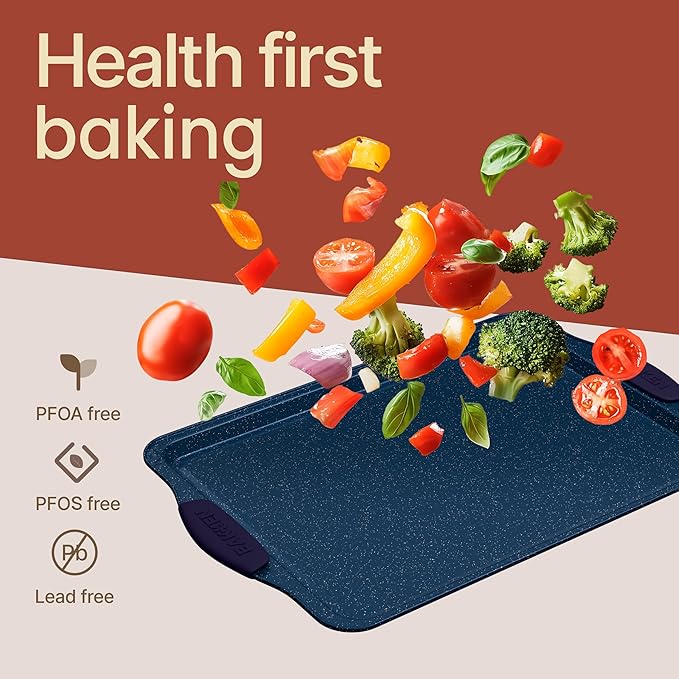 BAKKEN Kitchen Baking Pan Set - Nonstick Coating, Carbon Steel Bakeware Sets with Blue Silicone Handles, Baking Kitchen Essentials, PFOA, PFOS, PTFE Free, Oven Safe Tray (Up To 450° F), Set of 8
