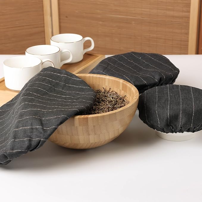 100% Linen Stripe Bowl Covers Reusable For Bread Proofing, 4 Pcs Elastic Cloth Fabric Bowl Covers, 5.9*7.9*9.8*11.8 Inches, Black