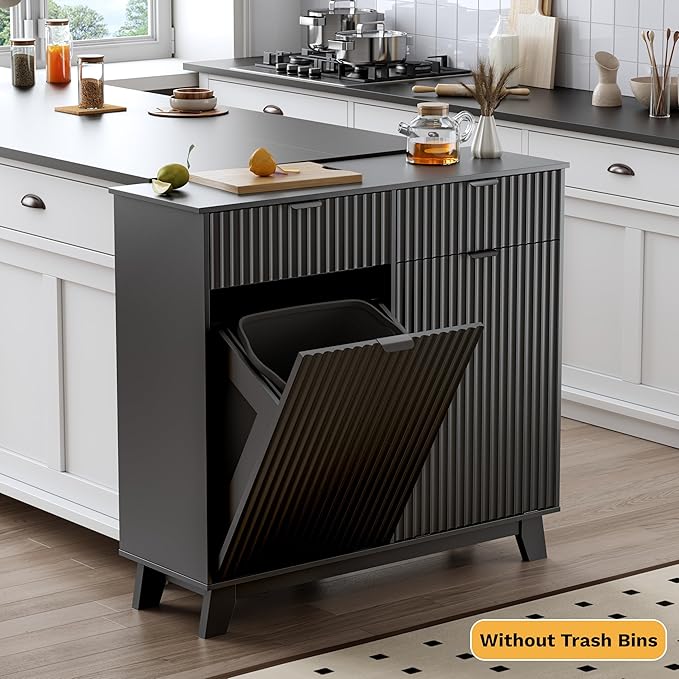 Double Tilt Out Laundry Hamper Cabinet, 20 Gallon Wooden Trash Can Cabinet with Drawers, Hidden Fluted Bathroom Storage Cabinet for Kitchen, Living Room (Black, 39.34" W x 35.83" H x 13" D)