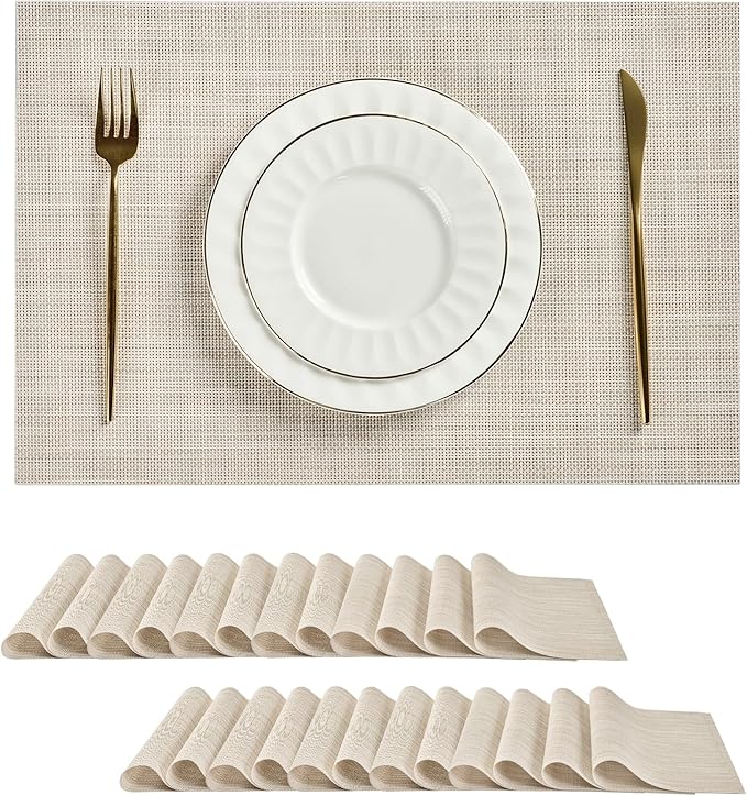 Leetaltree Beige White Placemats Set of 24 - Heat Resistant Non-Slip Place mats for Dining Table, Washable Durable PVC Vinyl Woven Table Mats(Beige White, 24)