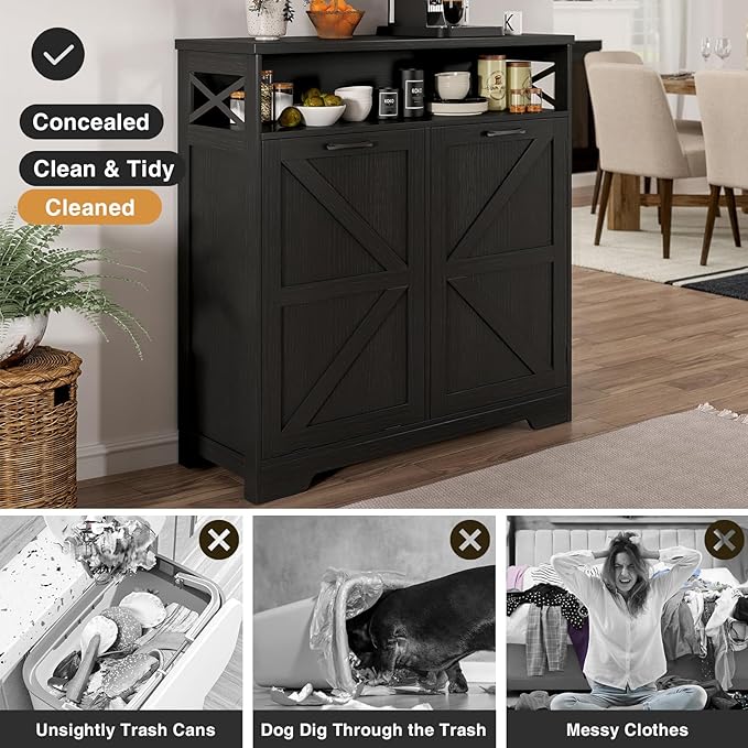 Befrases Tilt Out Trash Can Cabinet for 13 * 1 Gallon Trash Can, Farmhouse Kitchen Island Cabinet with Adjustable Shelf for Hidden Laundry Basket, Dog Proof Garbage Can for Dining Living Room, Black