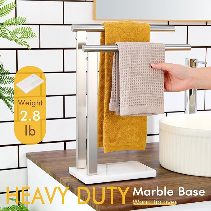 KOKOSIRI Hand Towel Holders Standing Towel Bars 2-Tier with Marble Base for Bathroom Vanity Countertop, Brushed Stainless Steel 15.7'' Height THS0007-BR