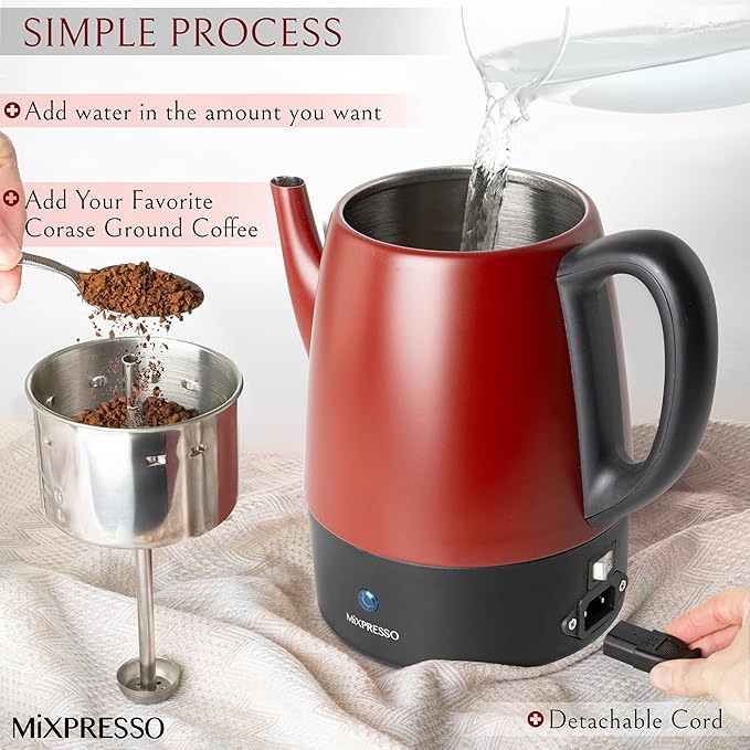 Mixpresso Red Small Electric Percolator Coffee Pot 4 Cup Stainless Steel - Coffee Percolator Electric with Keep Warm Function - Auto Shut-Off for Safe Daily Brewing