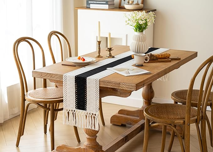 FEXIA Boho Table Runner for Home Decor with Tassels 48 Inches Long,Black Farmhouse Rustic Table Runner Macrame Burlap Table Decoration for Living Room Bridal Shower(12x48 Inches)