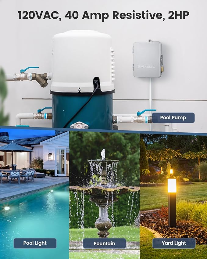 SURAIELEC Mechanical Pool Timer, 40 AMP 120V 2HP, 24 Hour Heavy Duty Timer Switch for Pool Pump, Spa, Landscape Lights, Water Heater, Simultaneously Controls Up to 2HP Devices, Outdoor Indoor Use