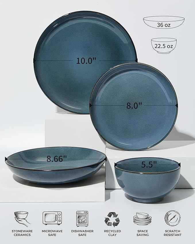 24 Piece Double Bowl Dinnerware Sets with Pasta Bowls, Highly Chip and Crack Resistant Plates and Bowls Sets, Natural Earthyware Ceramic Dishware Sets, Service for 6 Jeans Blue