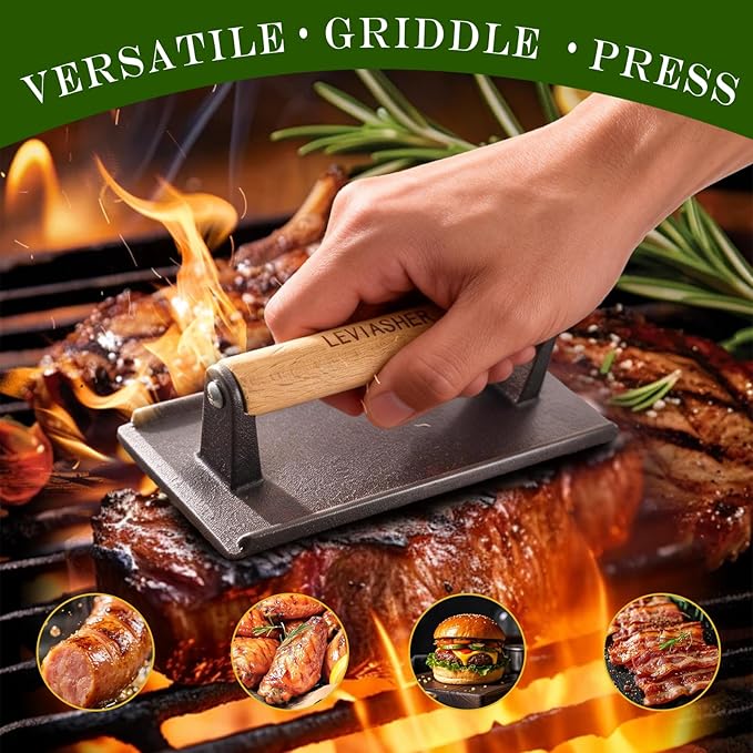 2.2 lb Heavy Duty Cast Iron Grill Press, 7.8X3.9 inch Rectangle Bottom Granular Burger Press with Wood Handle for Blackstone, Chef, Camp, Panini, Vegetable, Bacon, Sandwich, BBQ, 2 Pack