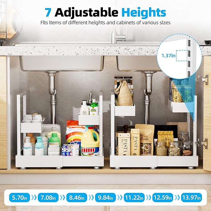NEWMATIC Adjustable Under Sink Organizer Pull Out Drawers, 2-Tier Slide Out Cabinet Storage Shelf for Kitchen Sink, Height & Width Extendable White, 15''D x 13''-20.5''W x 15''H(1Pack)