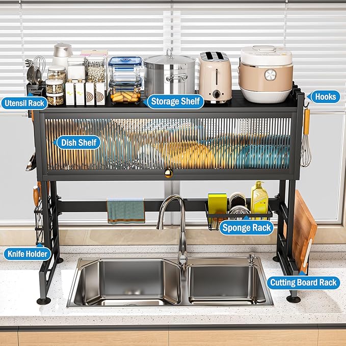 SNSLXH 𝐋𝐚𝐫𝐠𝐞 2-Tier Over The Sink Dish Drying Rack, 33.66"×31.1"×11.81", Large Sink Rack for Kitchen, Saving Kitchen Space, Cover Design Holds Dishes, Bowls, and Cutlery, Kitchen Sink Shelf