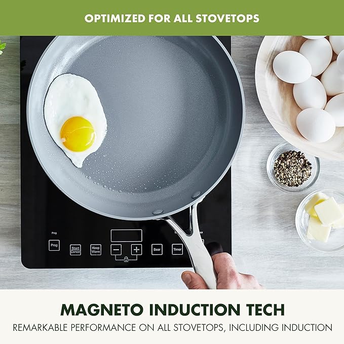 GreenPan Valencia Pro Ceramic Nonstick 8" 9.5" & 11" Fry Pan Skillet Set, Hard Anodized PFAS-Free, Induction Ready, Compatible on All Cooktops, Dishwasher Safe, Oven Safe to 600F, Gray