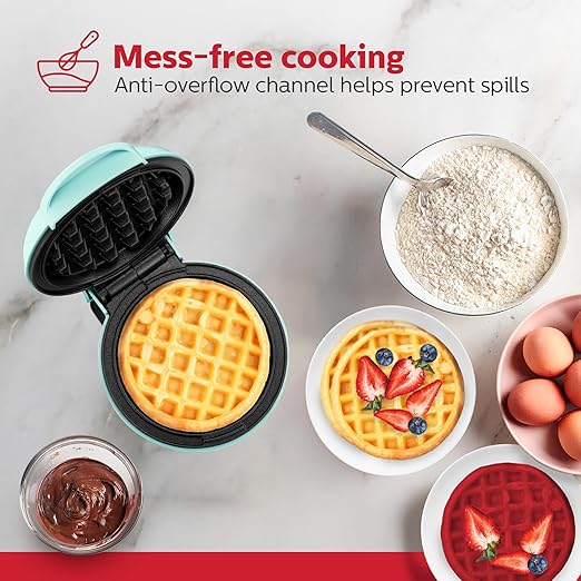 Holstein Housewares Personal/Mini Waffle Maker, Non-Stick Coating, Mint - 4-inch Waffles in Minutes, Ideal for Breakfast, Brunch, Lunch or Snacks