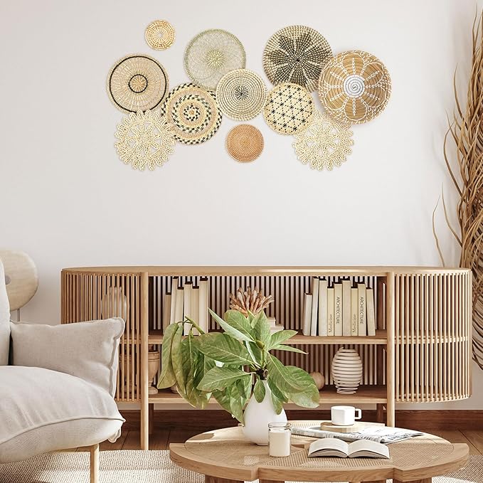 Tatuo 11 Pcs Boho Wall Basket Decor Bulrush Woven Wall Hanging Art Round Farmhouse Rustic Handmade Wicker for Summer Home, Bedroom, Living Room, Kitchen Decorations, Multi Sizes(Vivid)