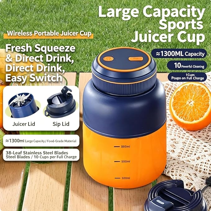 Portable Electric Juicer Cup with Zero Cord Hassle,Wireless Personal Juicer Cup USB Rechargeable Blender,38-Blades,Quiet Operation, Leakproof Lid,40 Seconds,for Shakes and Smoothies (White-45 Oz)