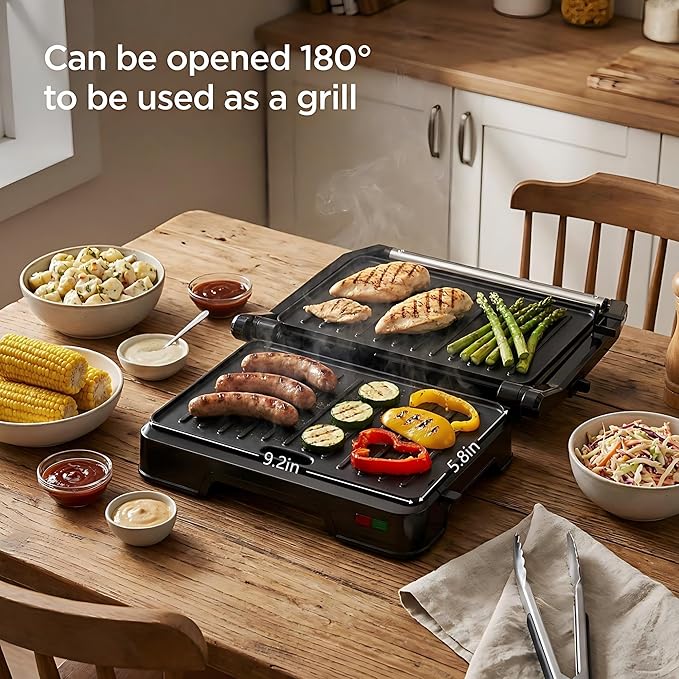 KEINVE Panini Press Grill & Sandwich Maker - 2-Slice, 180° Adjustable Hinge, 850W Electric Grill Non-Stick Cast Aluminum Plates for Panini, Steak, Bread & More, Easy to Clean, Perfect for Kitchen