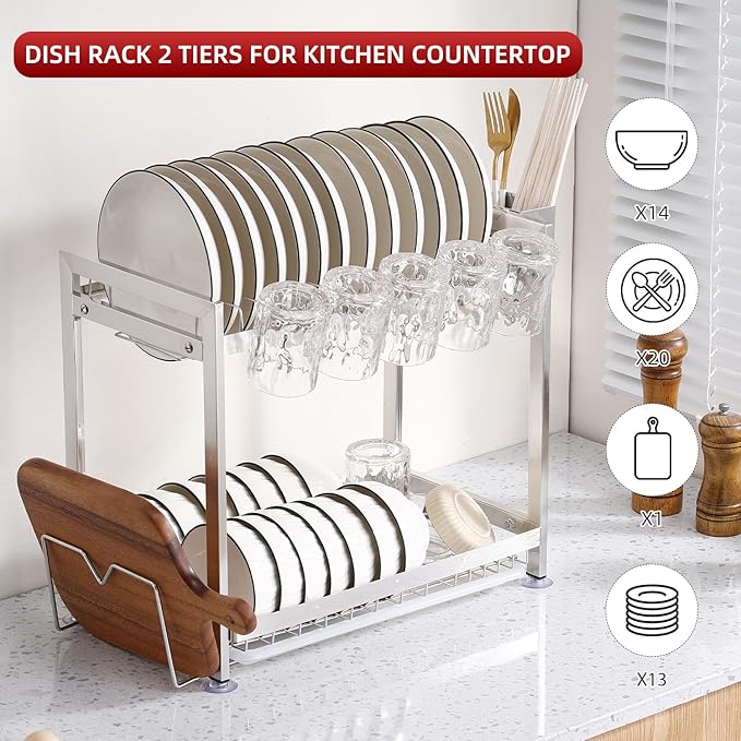 Dish Drying Rack, Double Layered countertop Kitchen Organizer with Drainage Large Bowl Rack and Storage Rack with Drainage Board (Silver Upgraded Version)