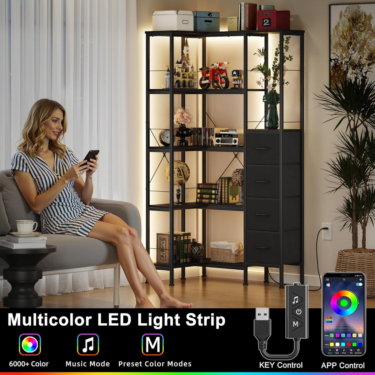 Corner Bookshelf with LED Light Strips & 4 Fabric Drawers, 5-Tier Convertible Corner Shelf with Display Shelf, Large Wood Industrial Bookcase for Living Room, Bedroom, Home Office, Black