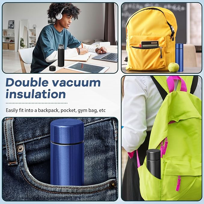Irenare 5oz Mini Water Bottle Mini Insulated Stainless Steel Bottle Purse Water Bottle Cute Leak Proof Water Flask Keeps Drink Cold and Hot for Purse Kids Women Lunch Bag (Black, Blue, 2 Pieces)