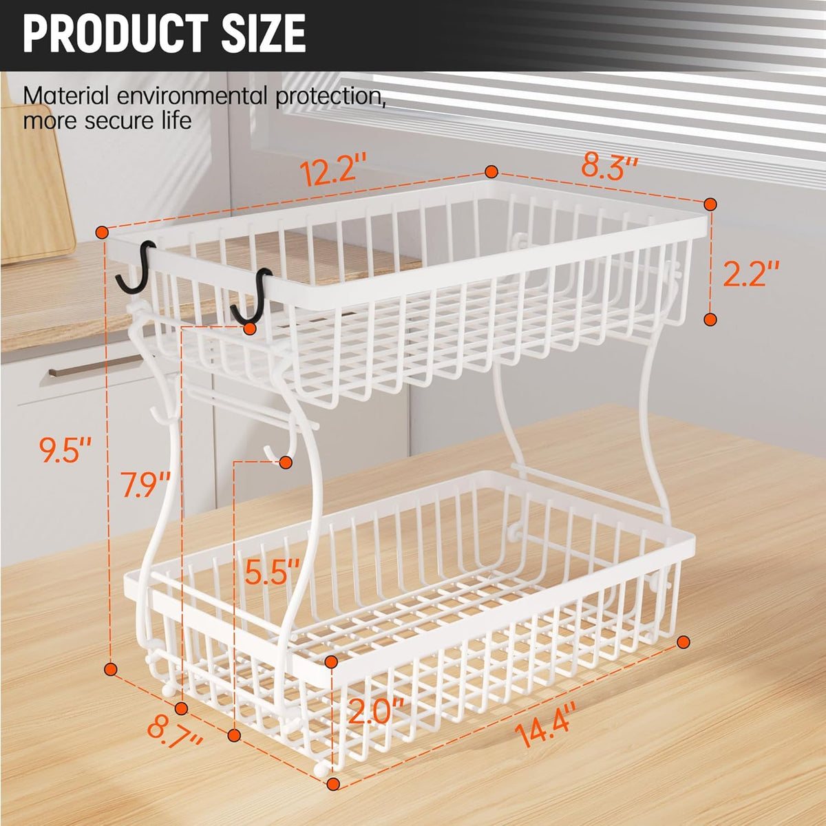 Fruit Basket,2-Tier Fruit Bowl with Banana Hanger,Kitchen Storage Countertop Rack,Fruit Metal Bowls Perfect for Holding Fruit,Vegetables,Snacks(White)
