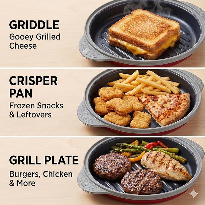 MACONEE Microwave Grill Pan | Microwave Griller, Griddle & Crisper Pan with Lid for Grilling, Browning, and Crisping Foods Microwave Cookware for Grill Meat, Sandwich & Vegetable inside a Microwave