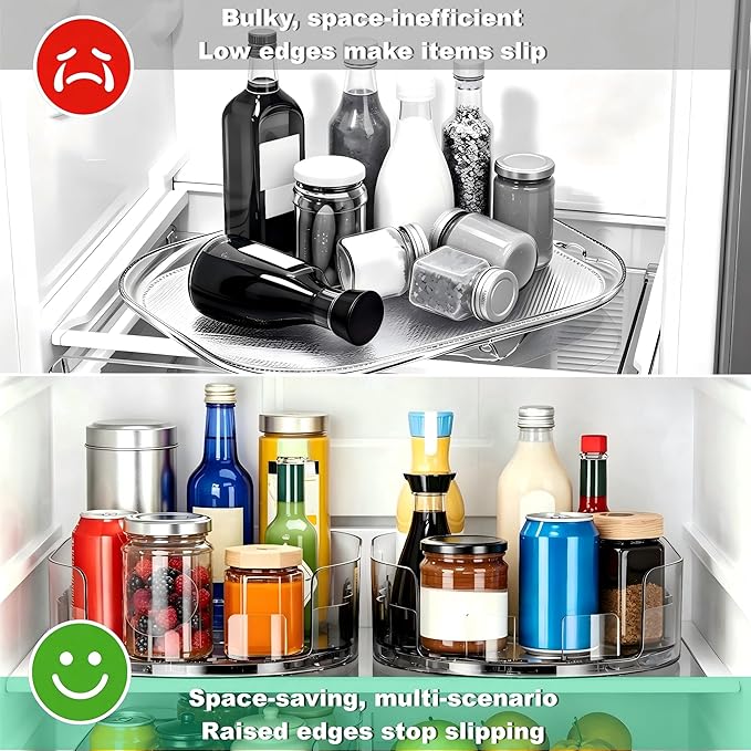 Lazy Susan 360°Rotating Organizer for Refrigerator,13.5“ x 8.5”,Drink Organizer for Fridge,Cabinet, Pantry,or Kitchen Countertop,Organize Condiments, Cans, Beverages,Clear+White,1 Pack