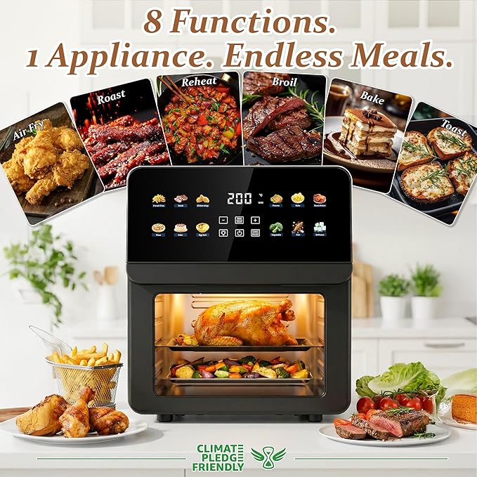 12QT Air Fryer Oven, 8-in-1 Air Fryer Toaster Oven Combo with 8 Presets, Family Size Countertop Oven with 2 Baking Racks & Gloves for Roasting, Baking, and Air Frying, Easy to Clean