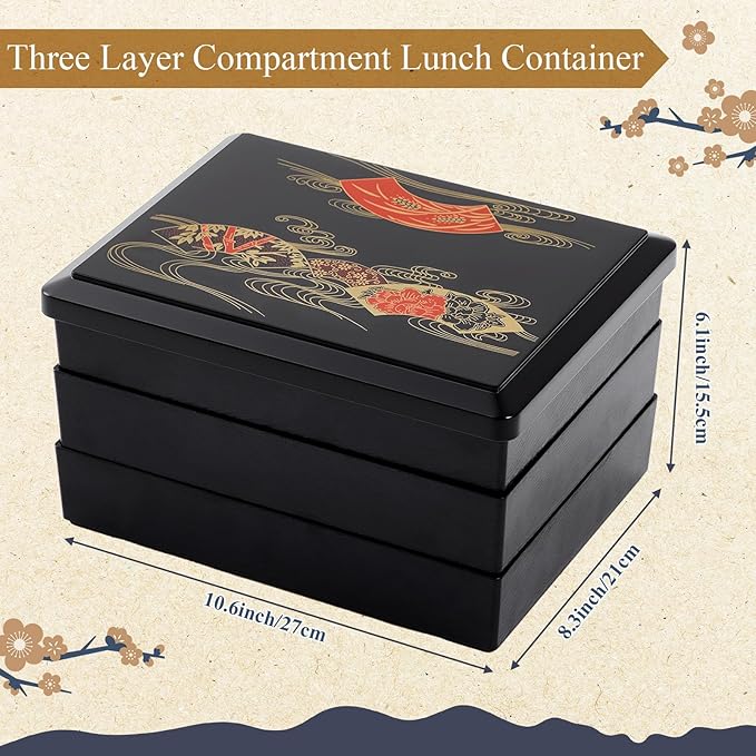 Teenyyou 1 Pcs Three -Tier Japanese Lunch Bento Box 10.6 x 8.3 x 6.1 Inch Japanese Stackable Lunch Box Divided Bento Container with Greaseproof Gift for Sushi Meal Snack Home Restaurant
