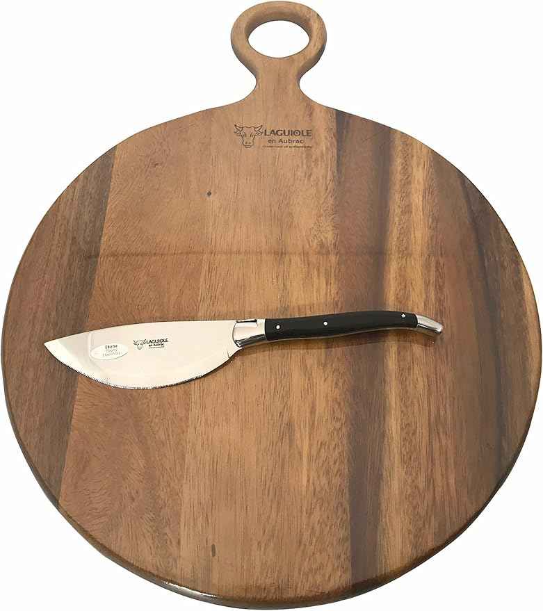 Laguiole en Aubrac Round Solid Maple Pizza Wood Cutting Board for Serving, Chopping or Charcuterie Platter, 35cm / 14-Inch With Pizza Cutter, Ebony Handle