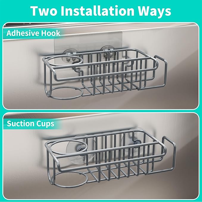 HapiRm Sink Caddy Sponge Holder - No Drill Sponge Holder for Kitchen Sink, Rustproof and Waterproof Kitchen Organizer - Grey