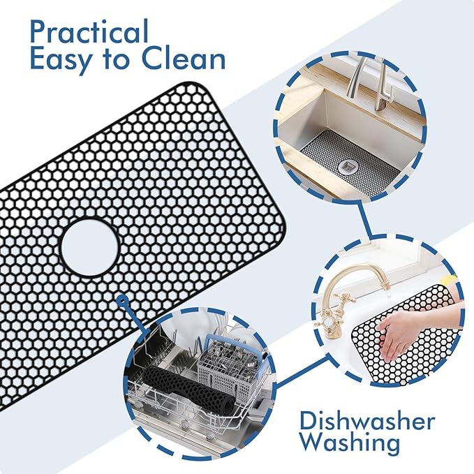 Bestjing Silicone Sink Protectors for Kitchen Sink with Center Drain - 29.7"x 15.5" Kitchen Protector Accessory, Non-Slip Heat Resistan Mat for Bottom of Farmhouse Stainless Steel Porcelain (Black)