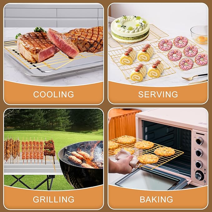 Cooling Rack for Baking 3 Tiers, 16" x 10" Cookie Cooling Wire Rack Stackable Collapsible Nonstick, Stainless Steel Baking Cooking Cooling Racks with Optimum Air Flow, Gold