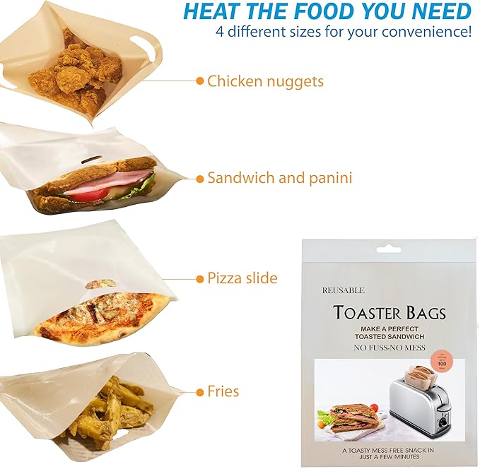 20 Pack Toaster Bags, Reusable Non-Stick Oven Bags for Grilled Cheese Sandwiches, Chicken, Nuggets, Panini and more (4 Sizes)