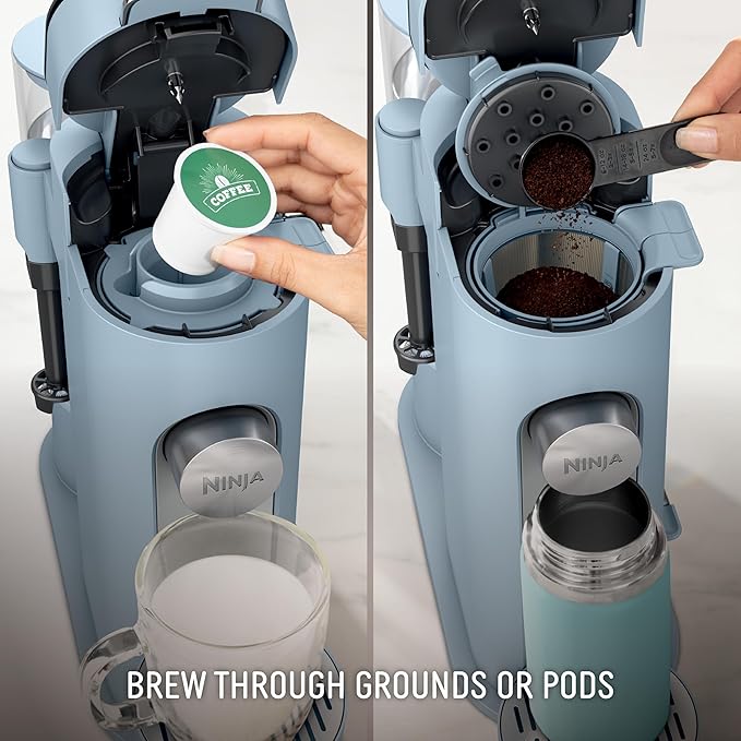 Ninja Pod & Grounds Specialty XL Single-Serve Coffee Maker, K-Cup Pod Compatible, Brews Grounds, Compact Design, Built-In Milk Frother, 68-oz. Reservoir, 6oz. Cup-24oz. Mug Sizes, Denim Blue, PB055ABL